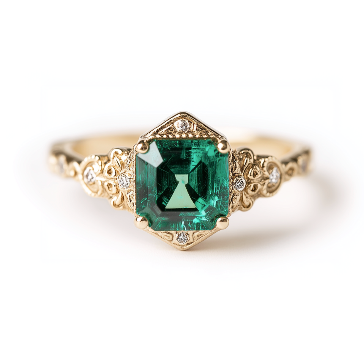 Emerald Engagement Ring, Yellow Gold Emerald Ring With Diamond