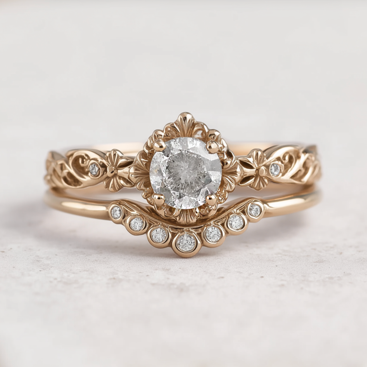 The Botanica Set, Light Grey Salt and Pepper Diamond Wedding Rings, Diamond Engagement Ring