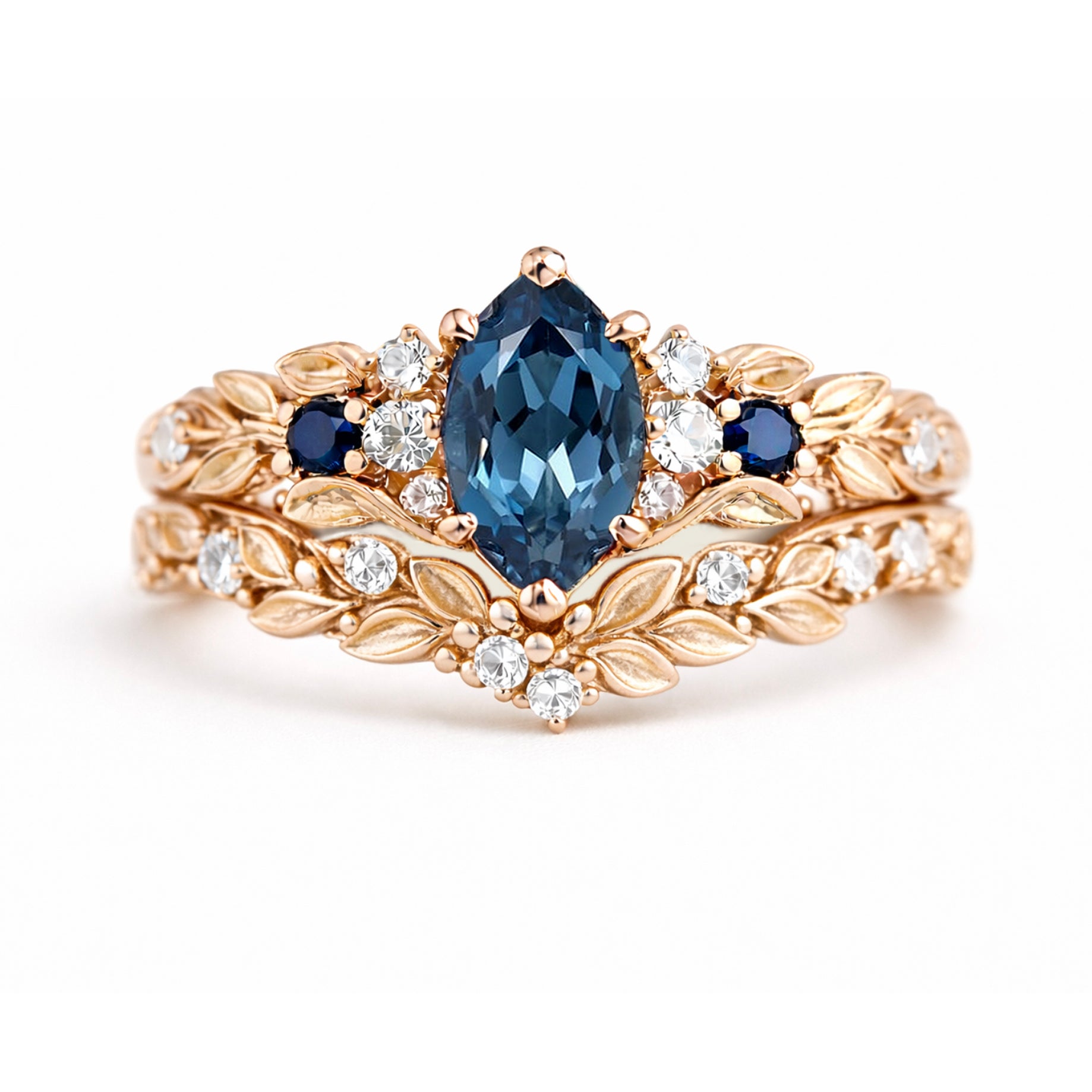 Twilight Vine 14k Gold Wedding ring, Blue London Topaz Wedding Ring set