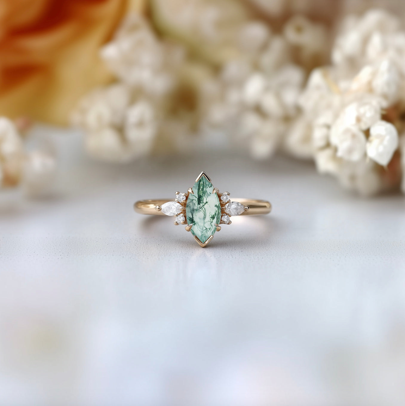14k Gold Marquise Moss agate ring, Engagement ring, Natural Moss agate Ring
