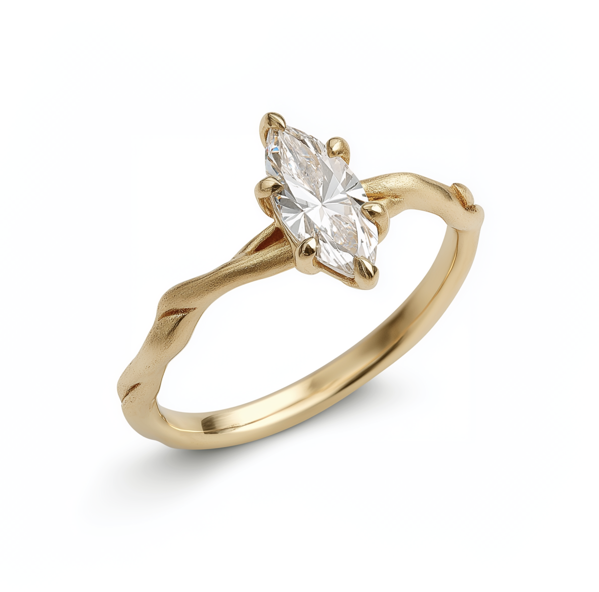 14k Gold Marquise Lab Diamond Engagement Ring, Simple Twisted Diamond Ring, Twig Ring