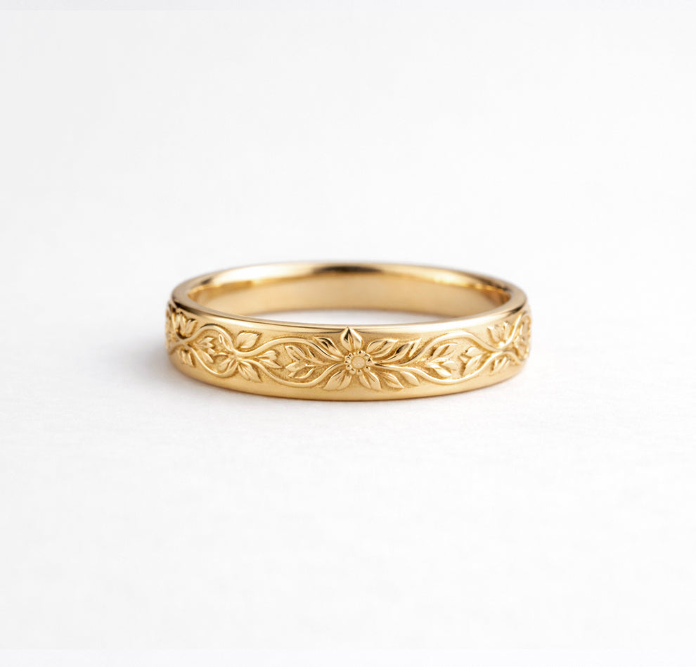 The Primrose Wedding Matching men's band, Diamond Dainty Gold Wedding Ring, Engraved Wedding band