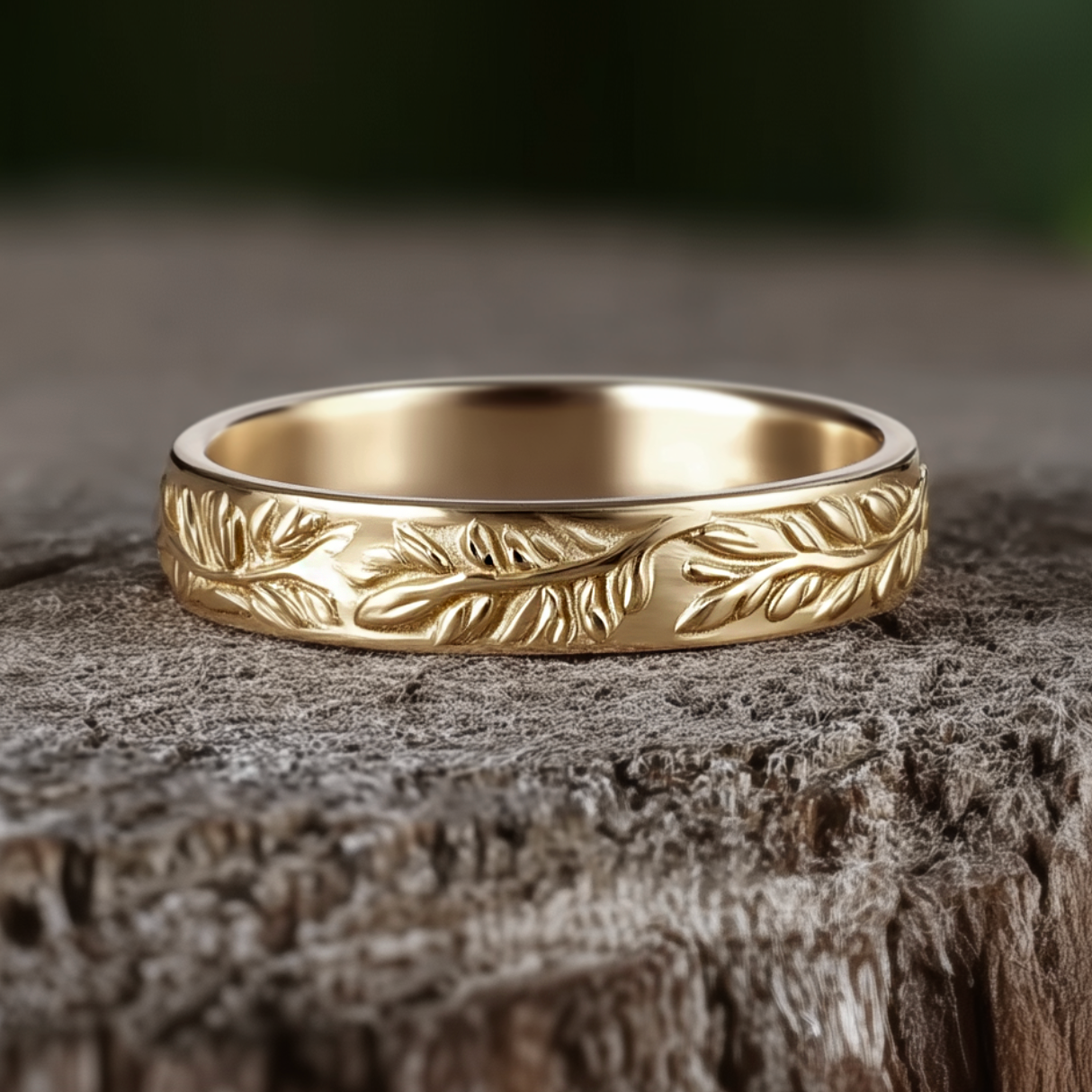 Men's Wide Engraved Wedding Band, Engraved Leaf Ring for Men and Women