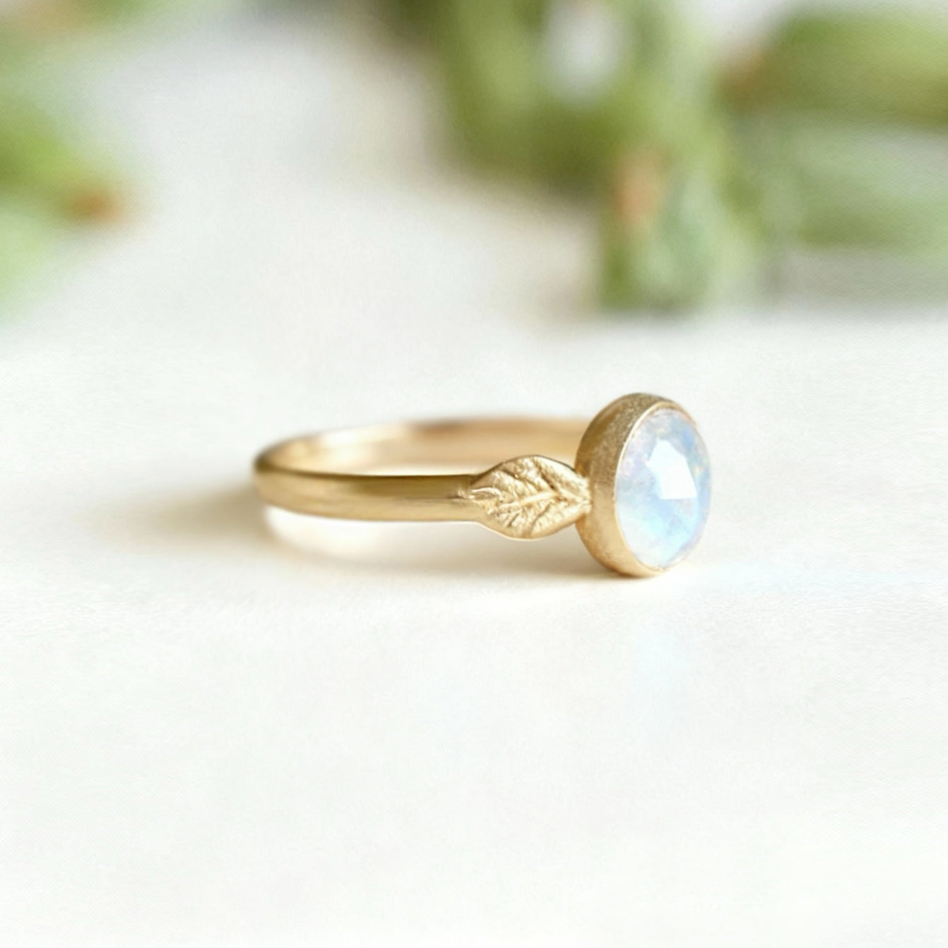 Angel Leaf Moonstone Engagement Ring Gold, Matte Finish Moonstone Ring
