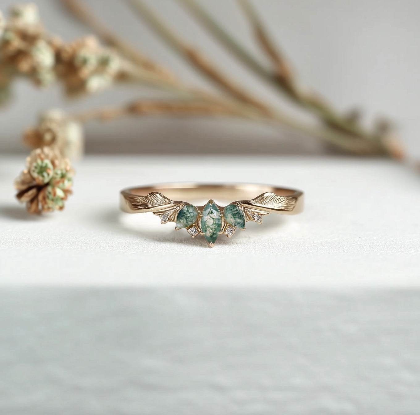 14k Gold Moss agate Wedding ring, Curved Moss agate matching Band