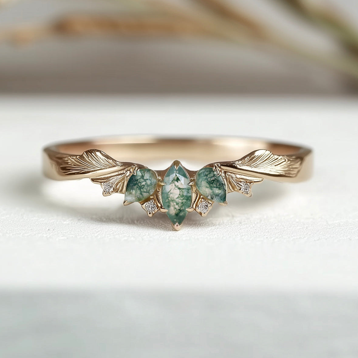 14k Gold Moss agate Wedding ring, Curved Moss agate matching Band