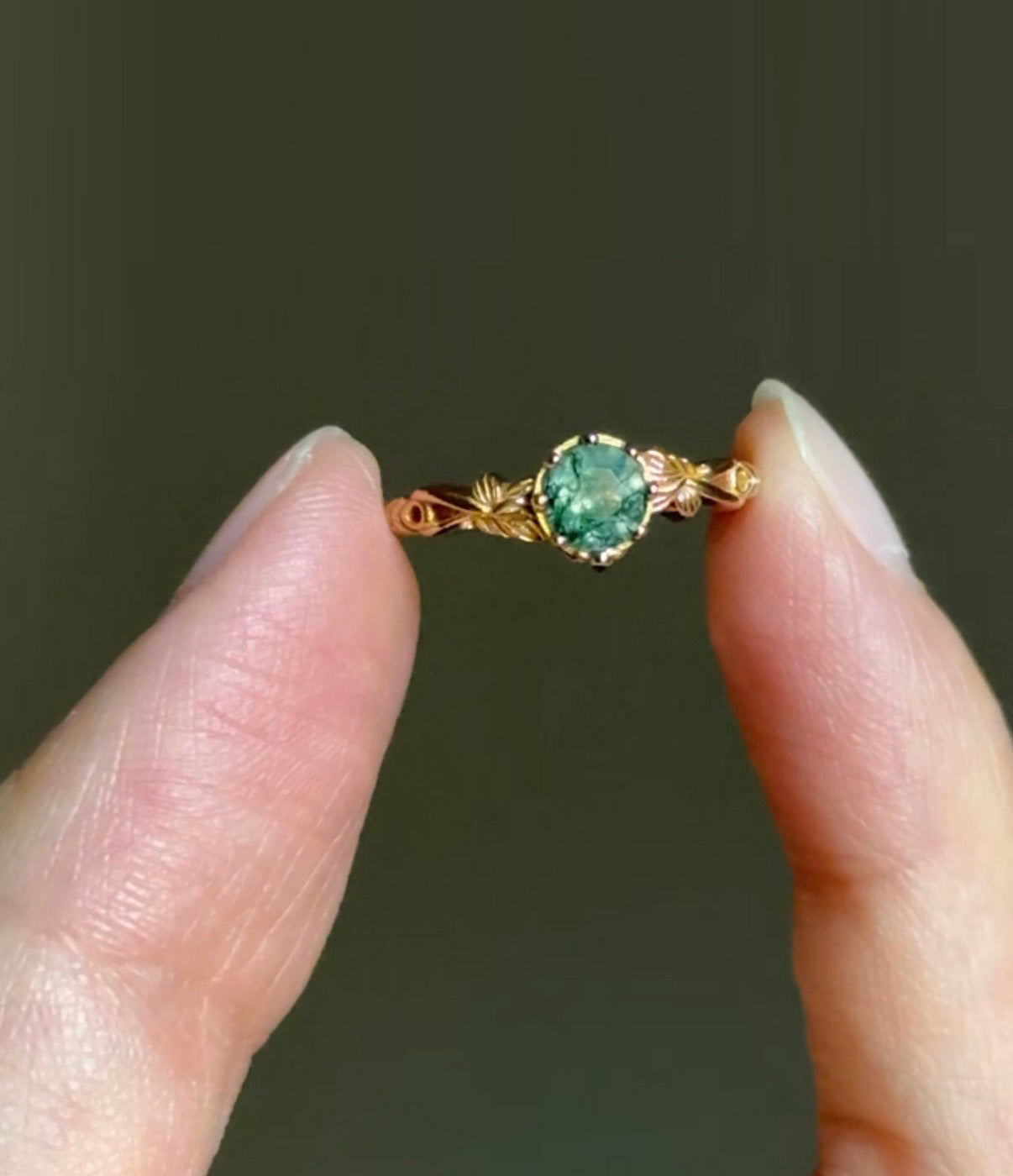 Dainty Round Moss agate ring with diamond, Engagement ring, Moss agate Ring