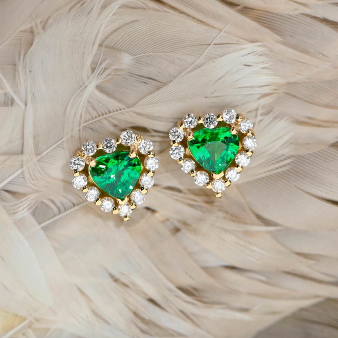 Heart Tsavorite and diamond Earrings, 18k Gold Tsavorite Studs