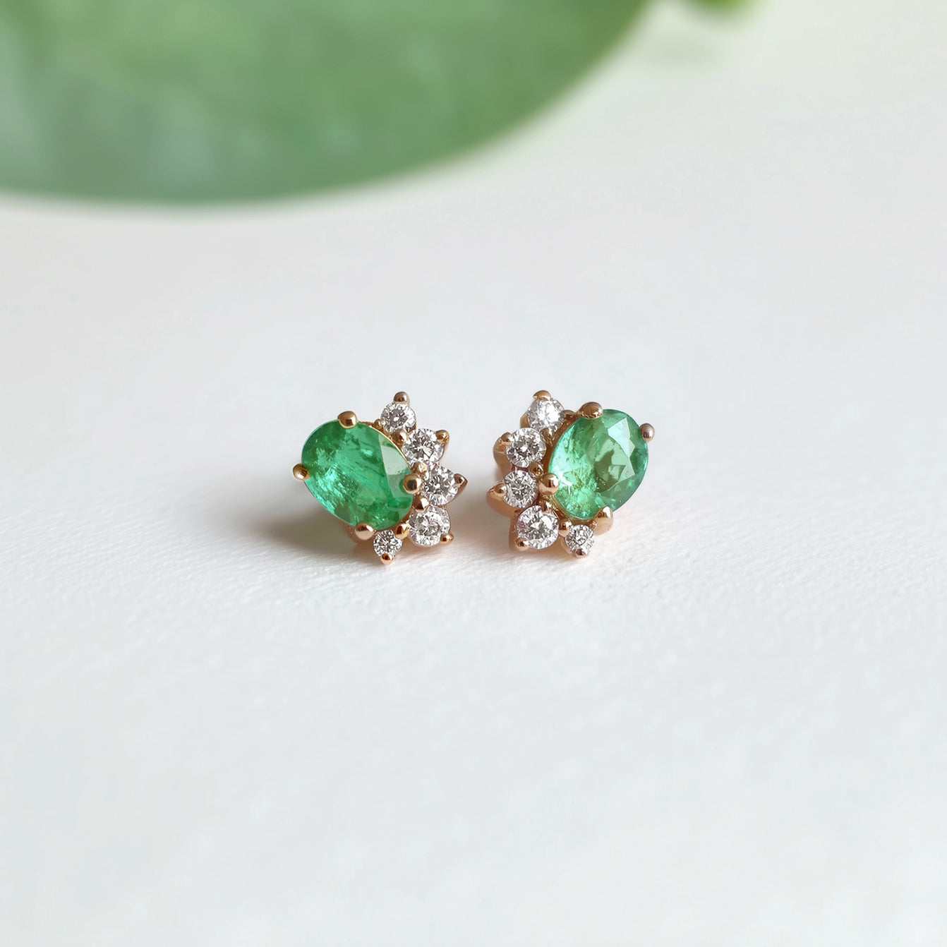Oval Emerald Stud Solid Gold, Cluster Studs, Natural Emerald and diamond stud