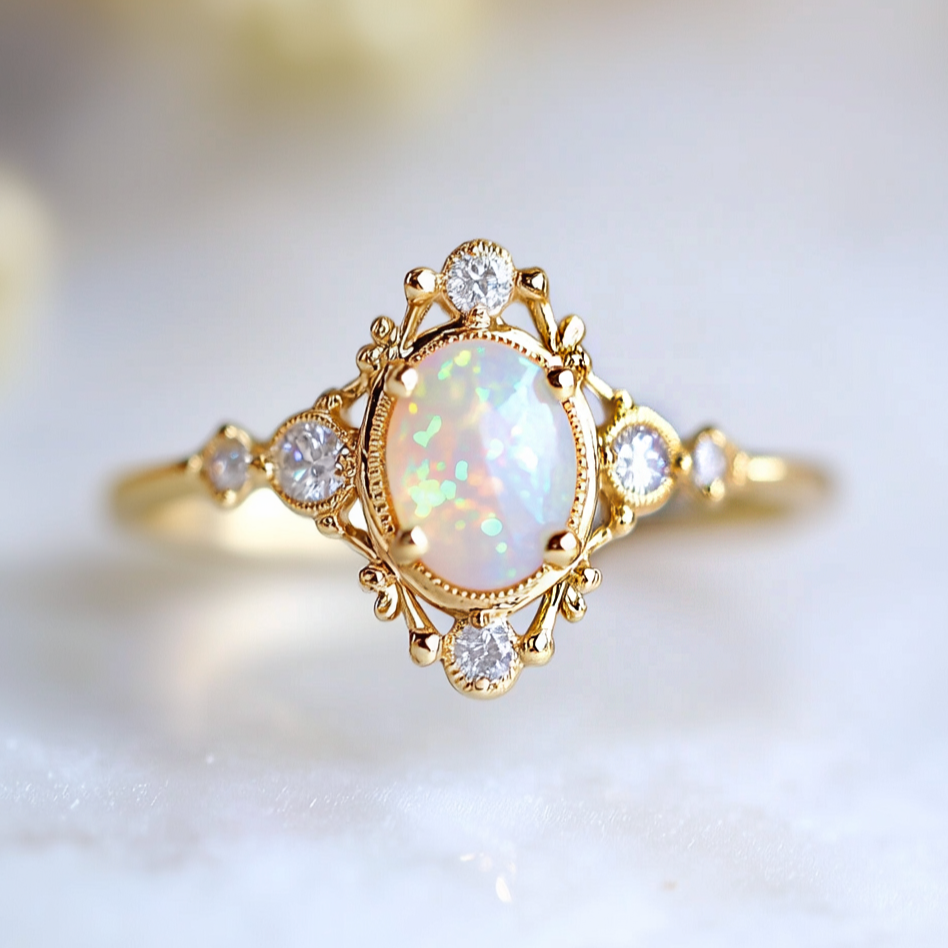 Gold ring with an opal stone and diamonds on a light background