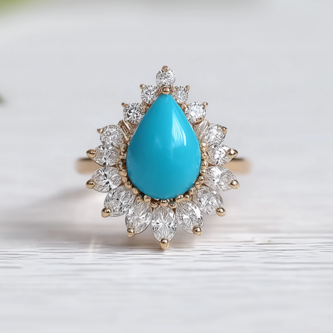 Natural Blue Turquoise Engagement ring, Pear Turquoise Engagement ring, Floral Wedding Ring