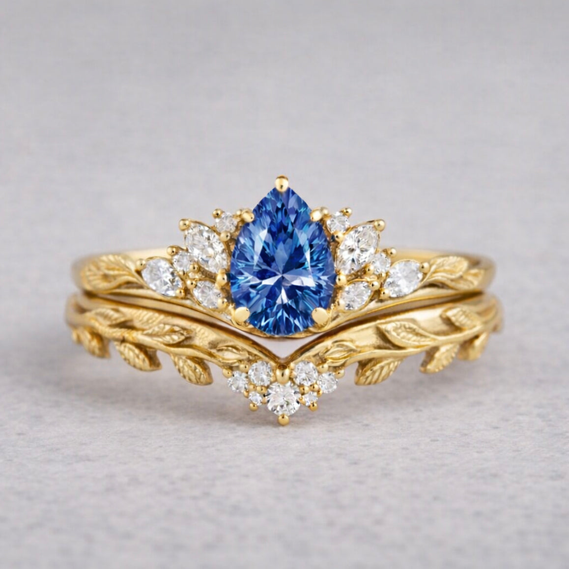 Blue Laurel Sapphire ring, Pear cut Blue Sapphire ring, Wedding Ring Set