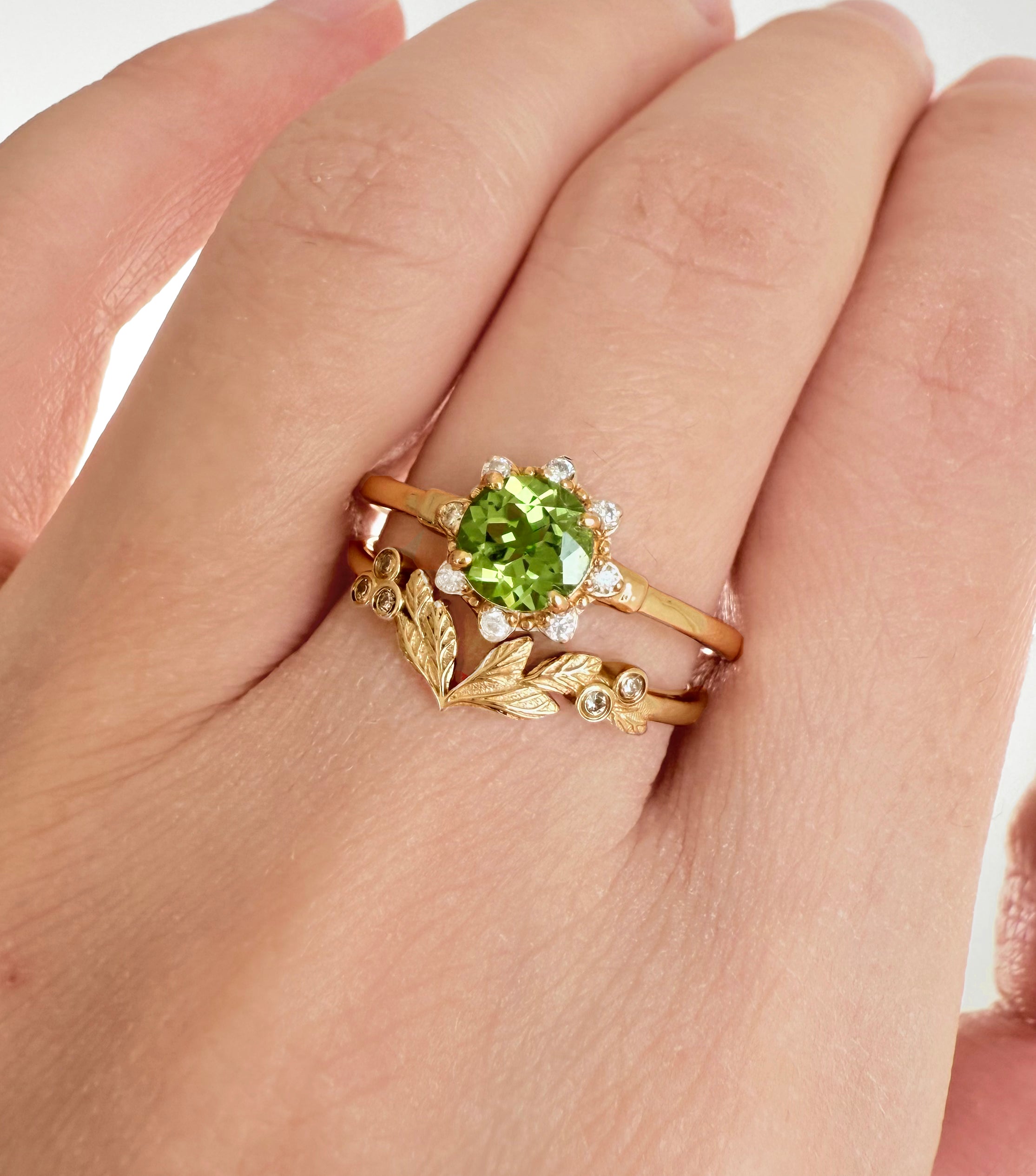 Lucky Star Green Peridot ring, Solid 14k Gold Peridot Engagement ring