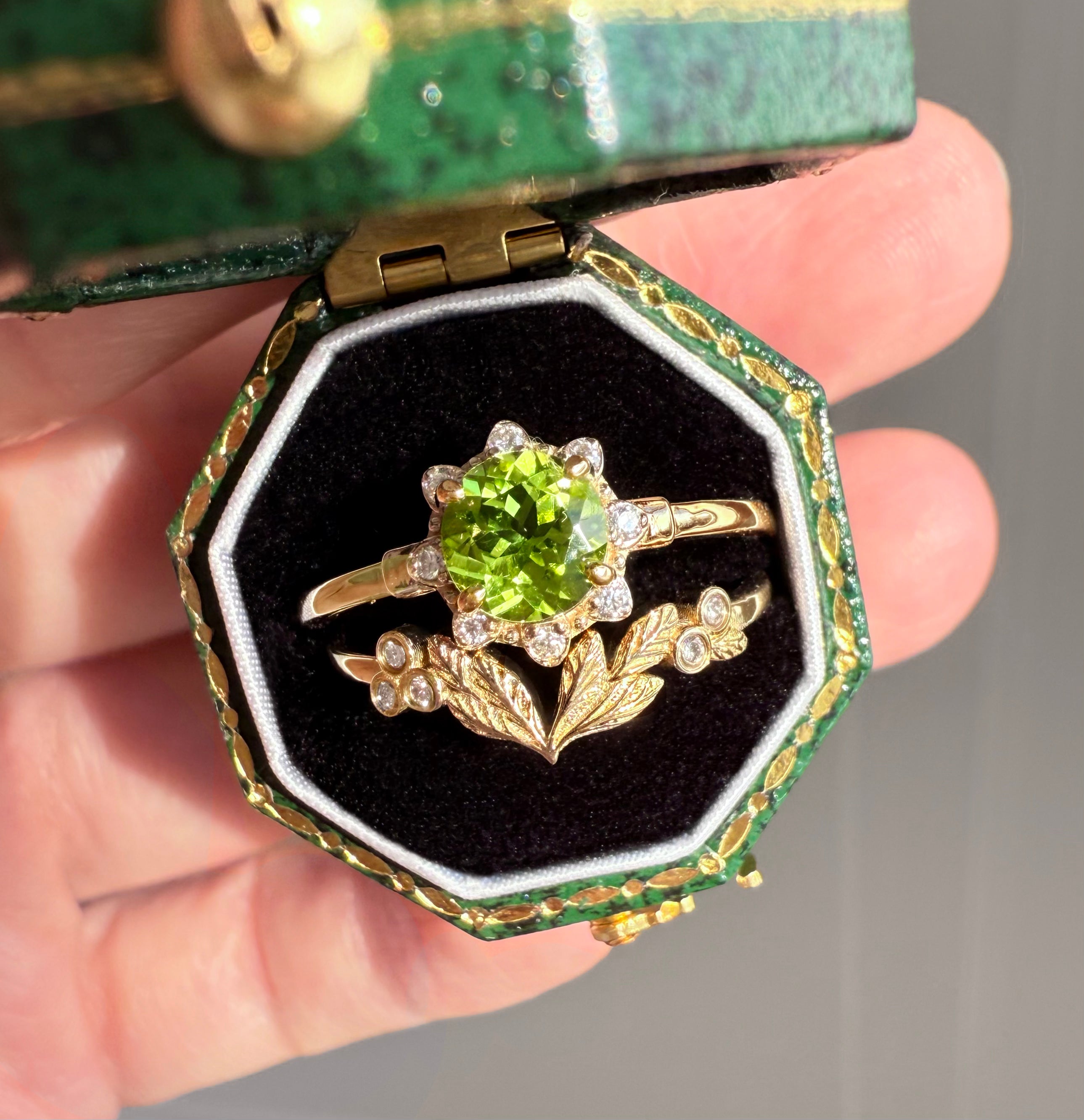 Lucky Star Green Peridot ring, Solid 14k Gold Peridot Engagement ring