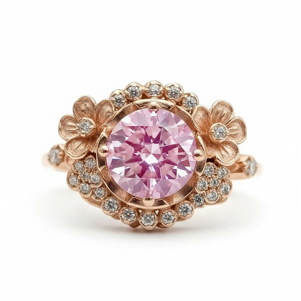 14k Yellow Gold Pink Lab Sapphire Engagement ring, Pink Sapphire Floral Engagement ring