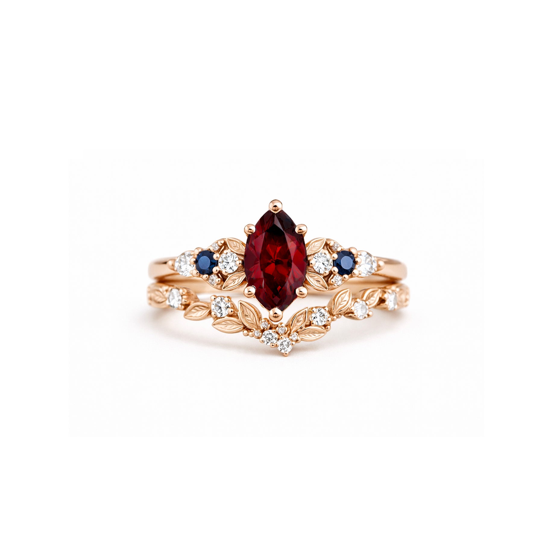 Twilight Vine Garnet Ring set, Marquise red Garnet engagement ring