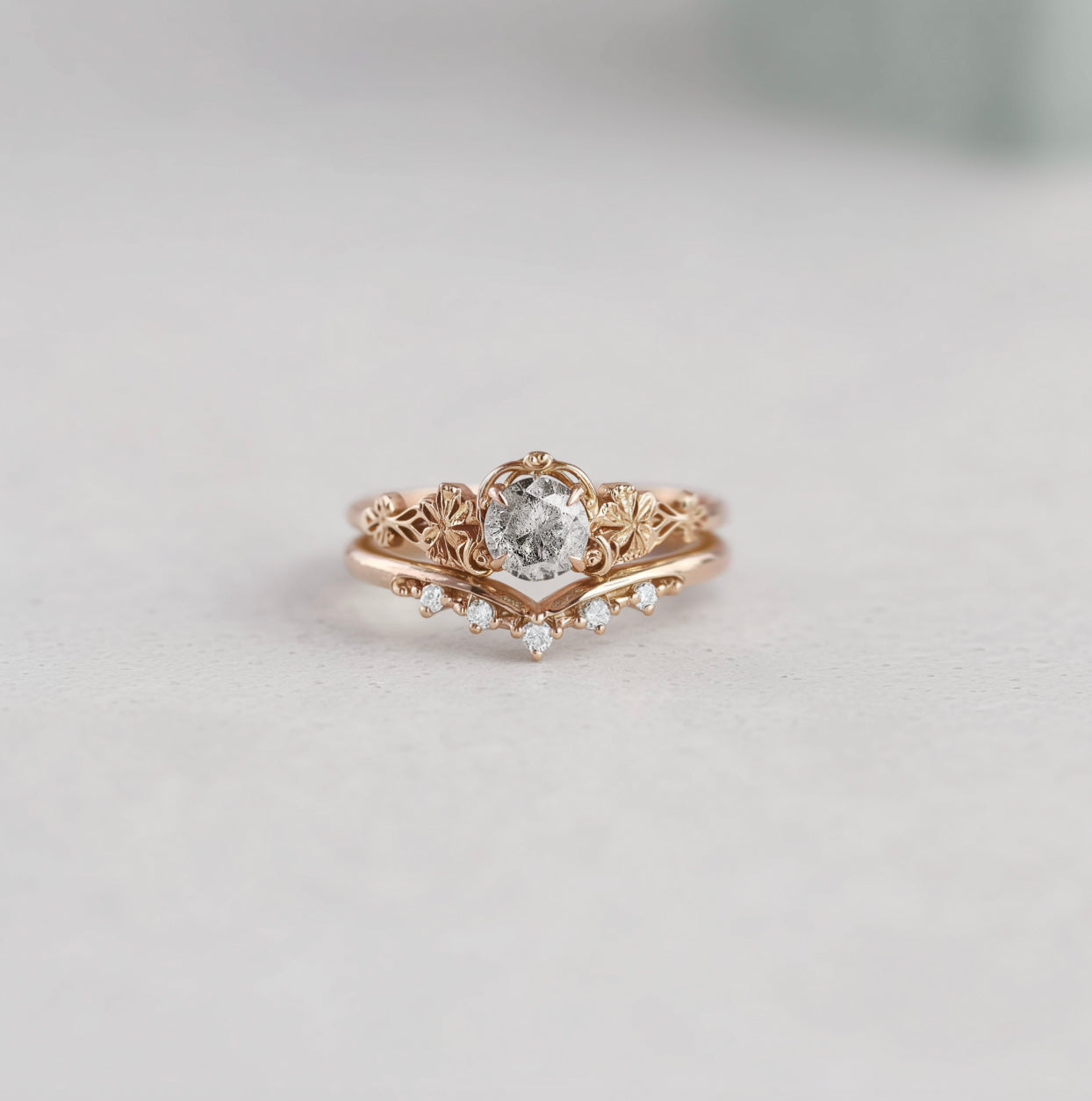 The Aurelia Set, Salt and Pepper Diamond Wedding Rings, Nature inspired Diamond Engagement Ring