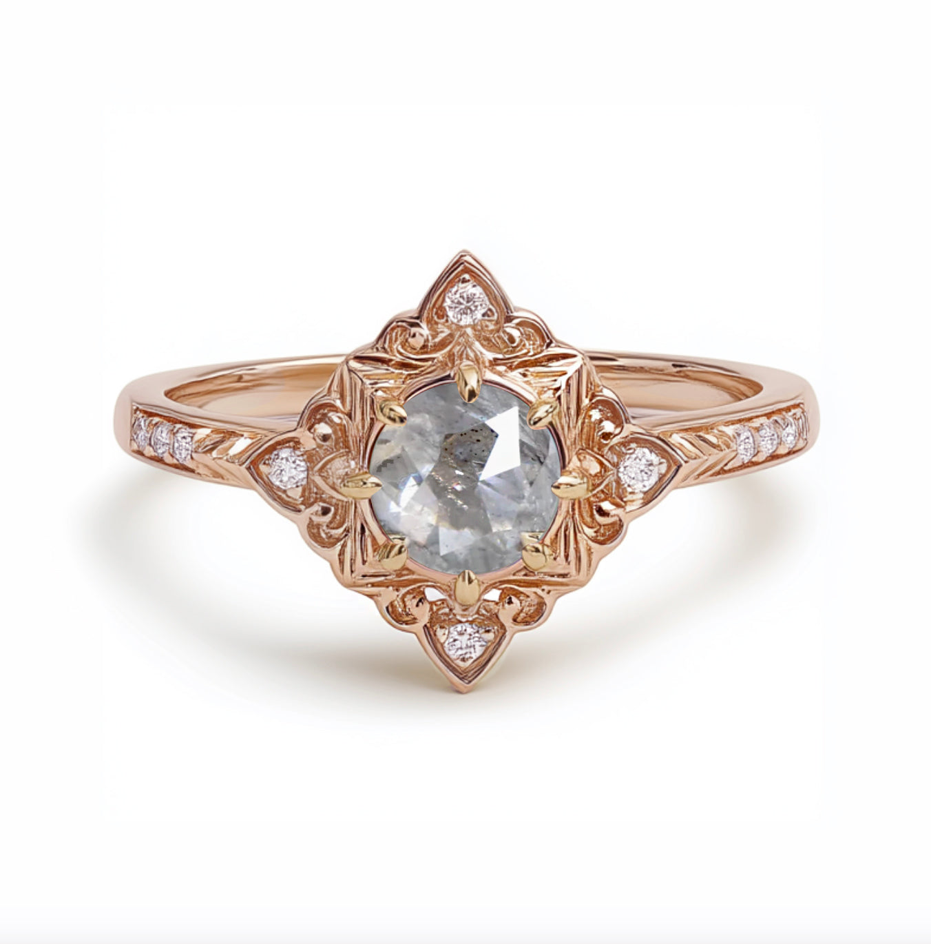 Rose Cut Salt and Pepper Diamond Ring, Salt and pepper Ring, Yellow Gold Diamond Engagement Ring