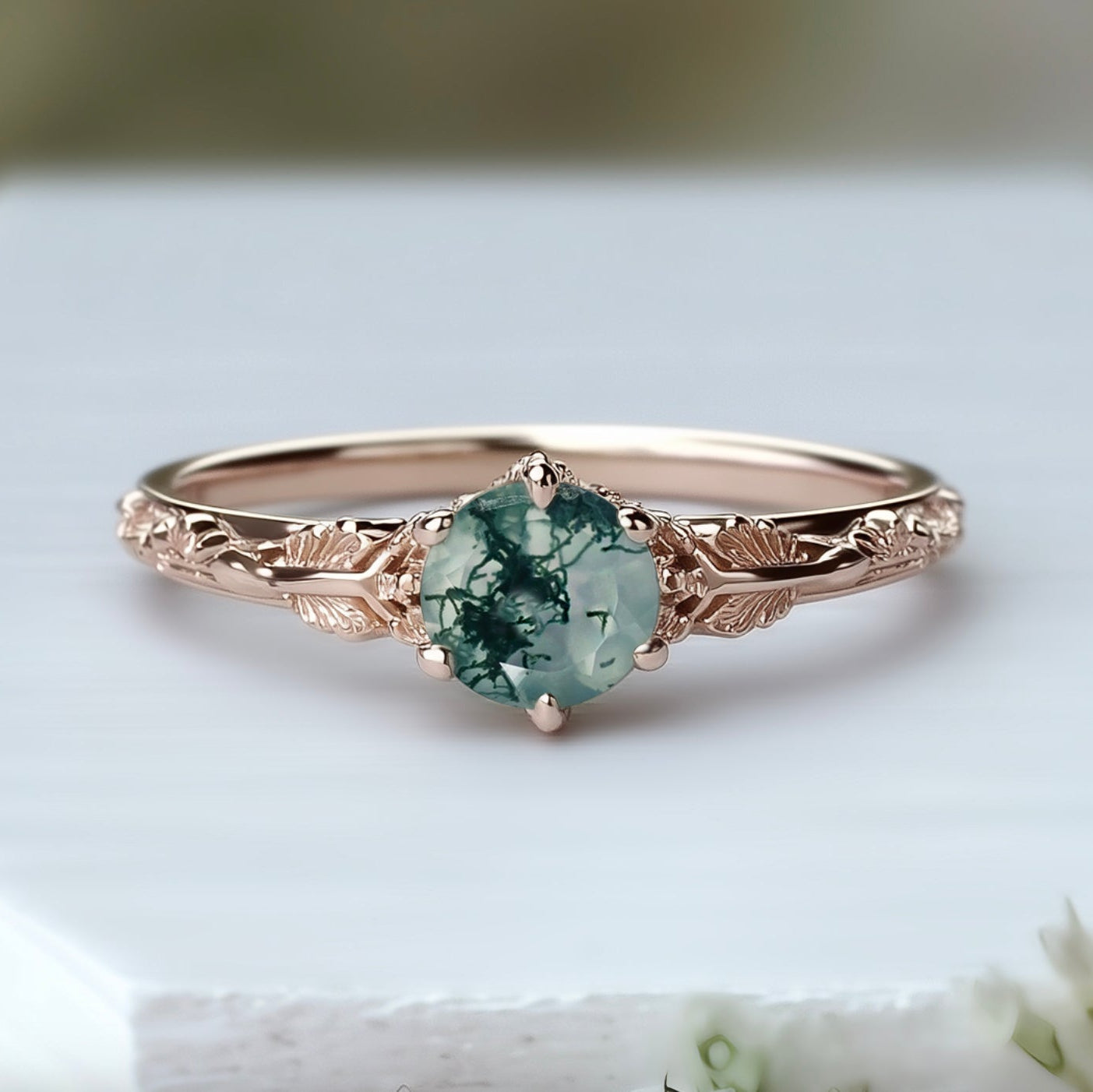 Elaren Ring 14k Round Moss agate Engagement ring, Moss agate Engraved Ring
