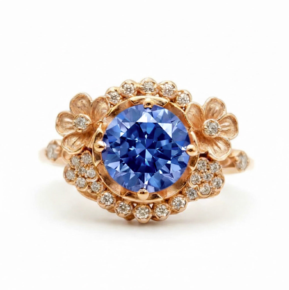14k Yellow Gold Lab Sapphire Engagement ring, Sapphire Floral Engagement ring
