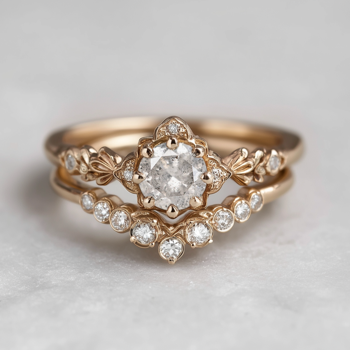 Rose gold ring with diamond accents on a light gray background