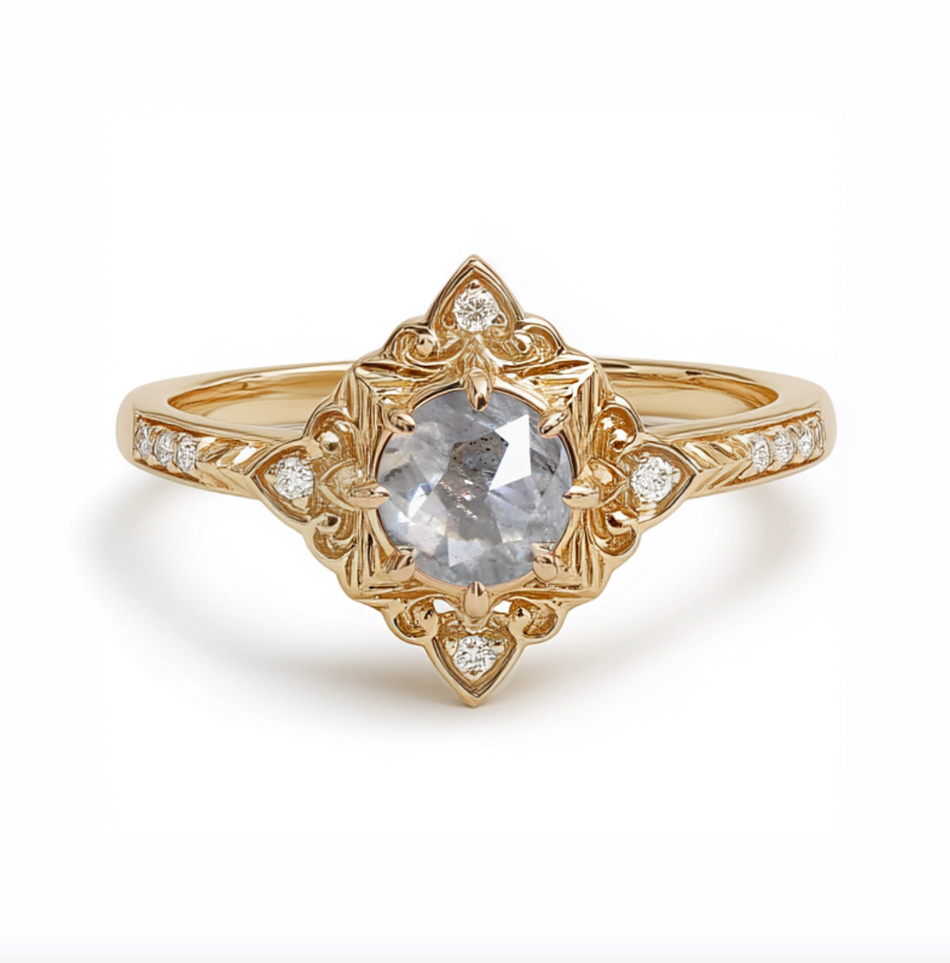 Rose Cut Salt and Pepper Diamond Ring, Salt and pepper Ring, Rose Gold Diamond Engagement Ring