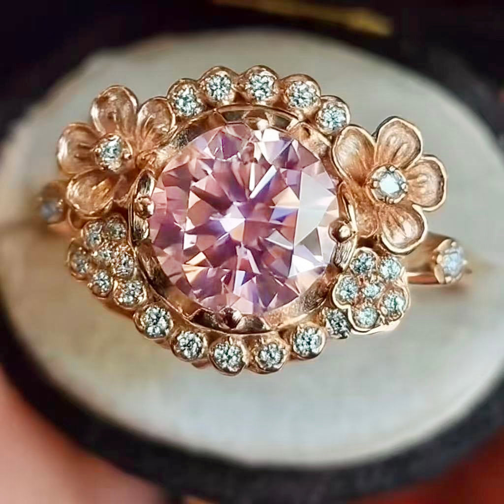14k Yellow Gold Pink Lab Sapphire Engagement ring, Pink Sapphire Floral Engagement ring