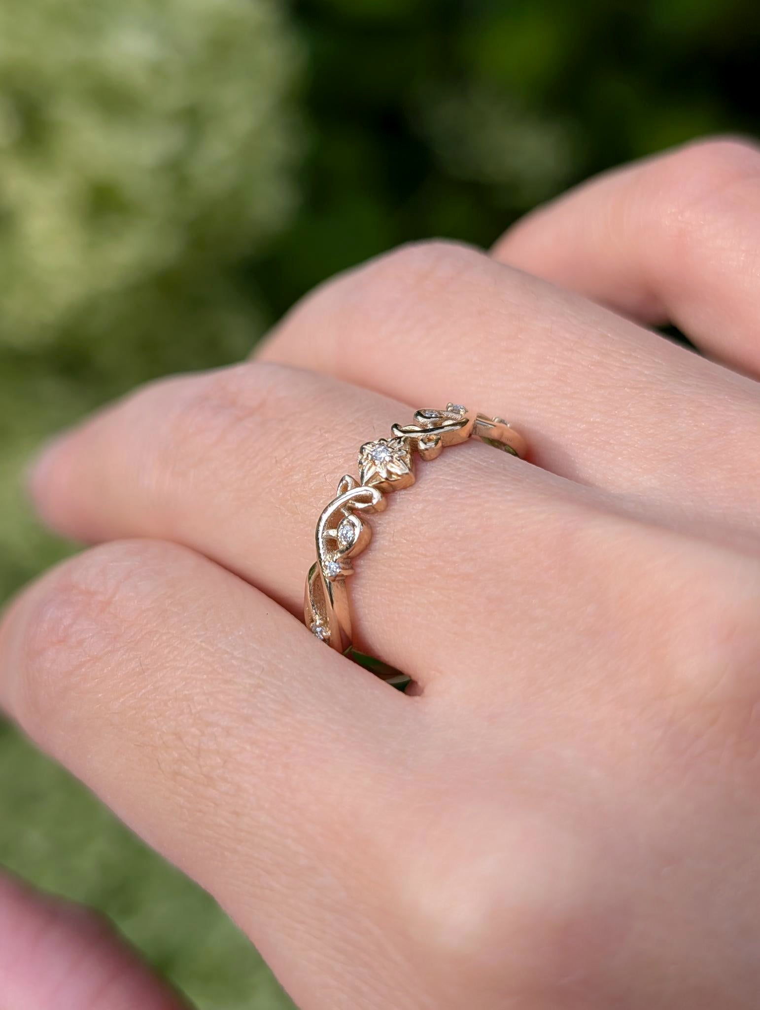 Solid Gold Floral Diamond Wedding Band, Diamond Wedding Ring, Matching Band