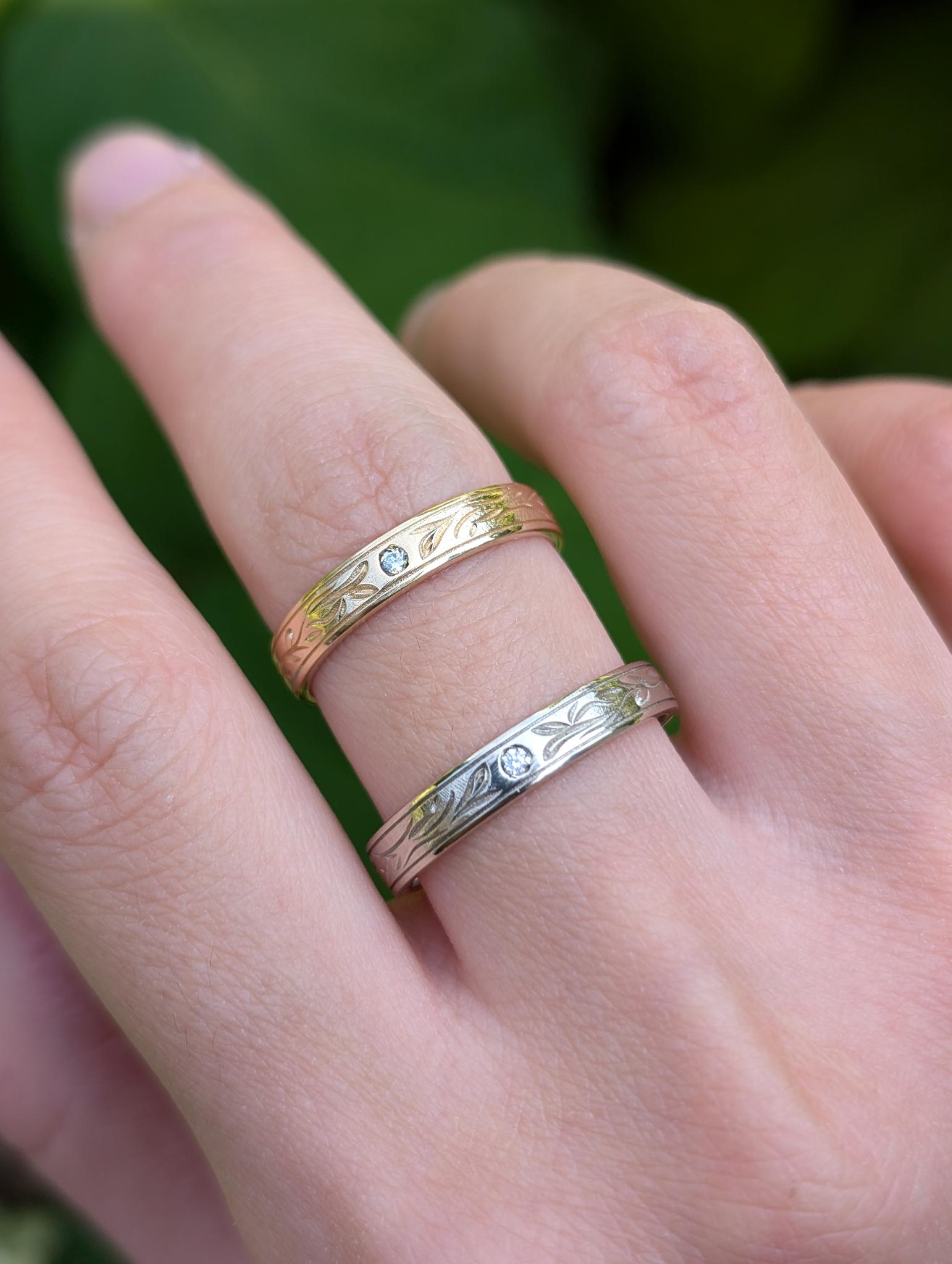 14k Gold Wedding Band, Diamond Engraved Band For Men and Women, Wide Wedding Ring