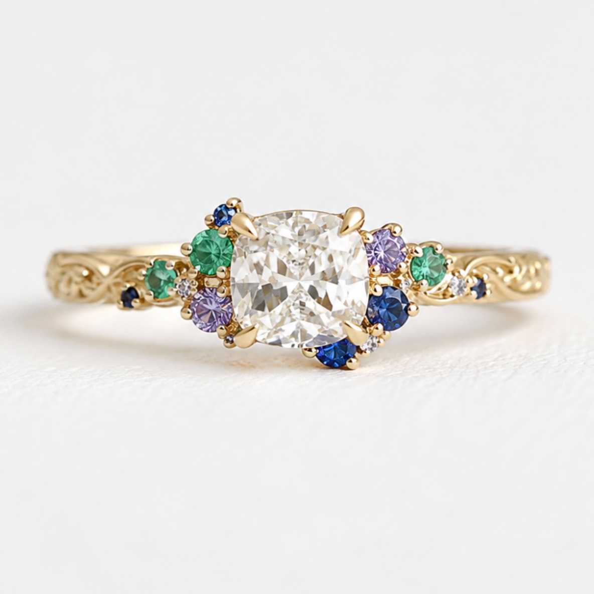 A yellow gold ring featuring a cushion-cut clear center stone surrounded by green, purple, and blue accent gemstones on a white background.