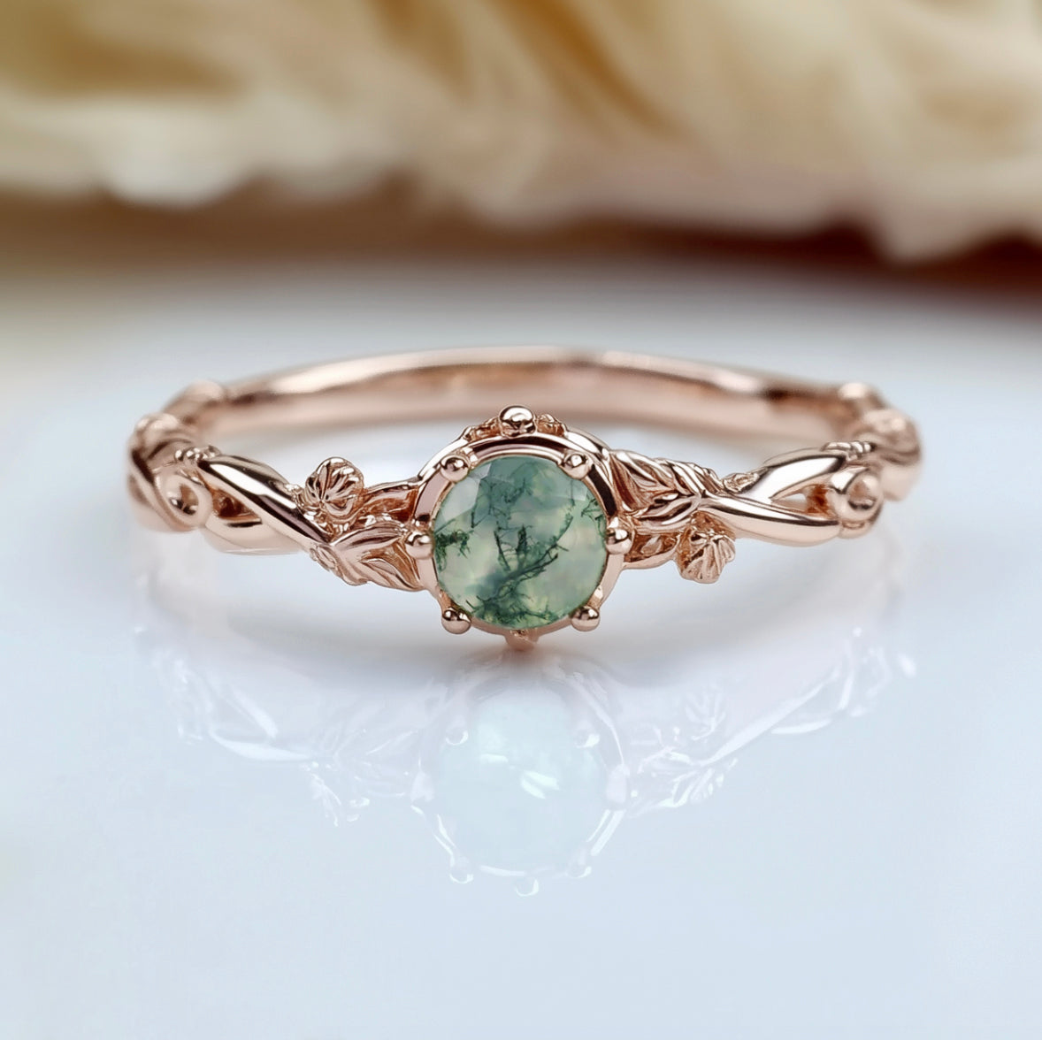 Dainty Round Moss agate ring with diamond, Engagement ring, Moss agate Ring