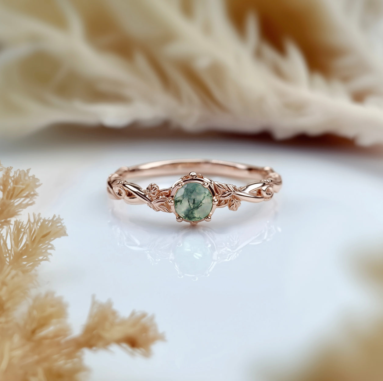 Dainty Round Moss agate ring with diamond, Engagement ring, Moss agate Ring