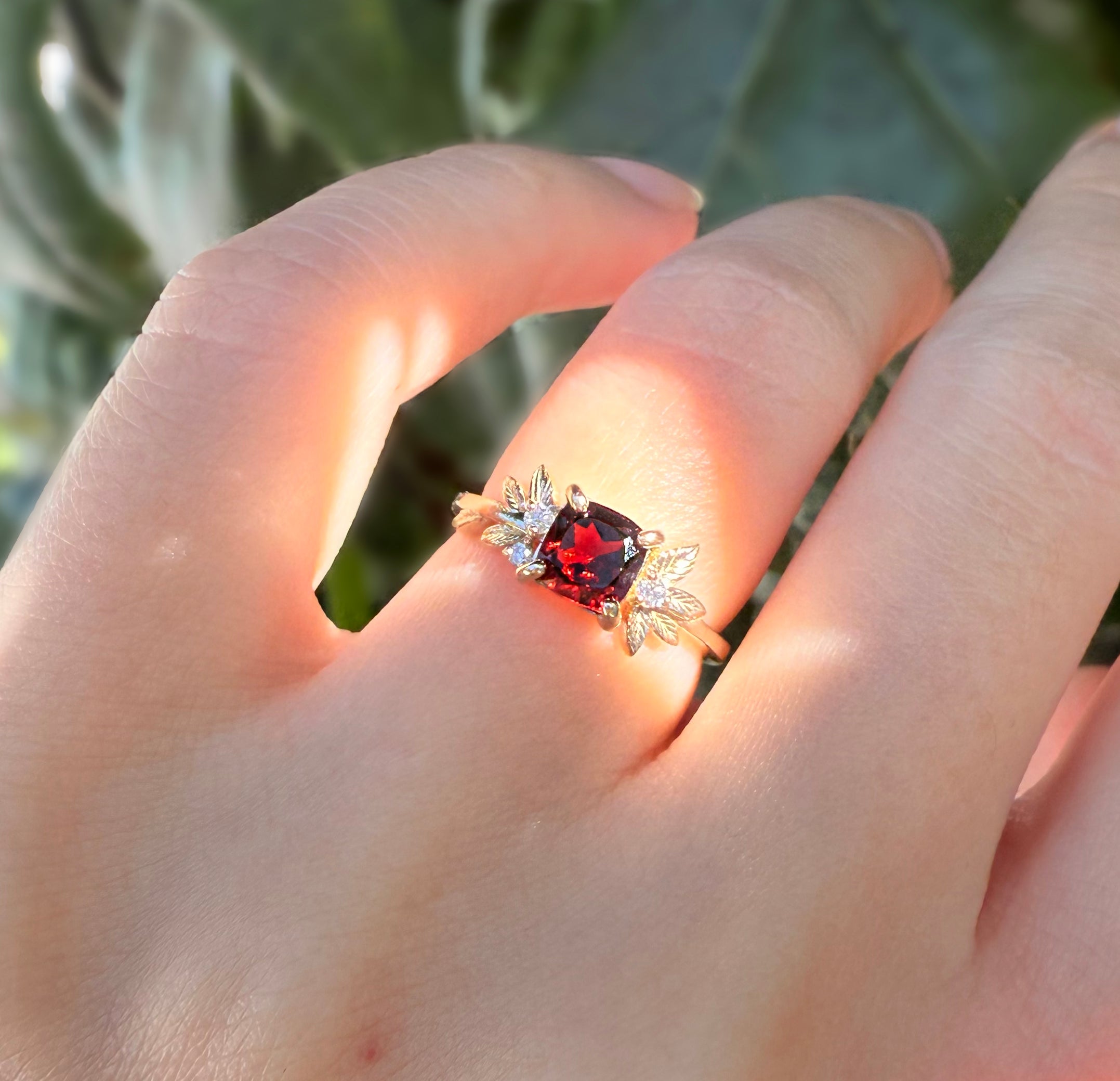 Crimson Grove Red Cushion square Garnet Ring, Red Garnet engagement ring, Garnet Leaf Ring