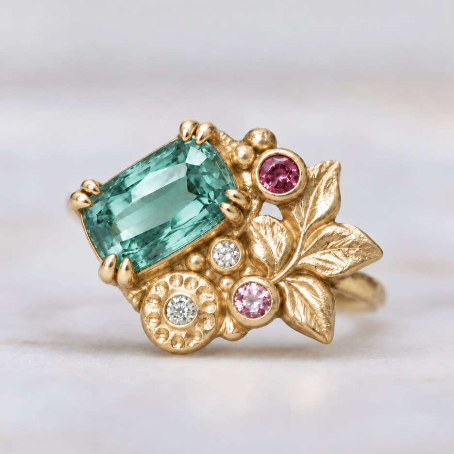 Teal tourmaline engagement ring with colorful gemstone accents