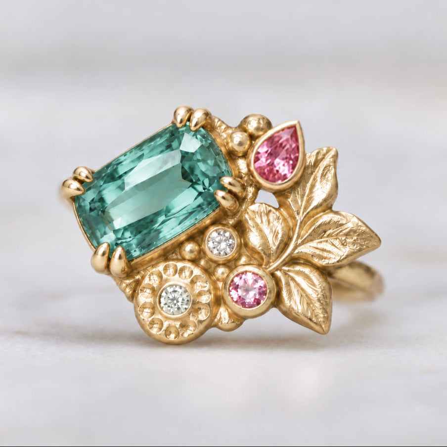 Teal Tourmaline Engagement Ring, Green Blue Gemstone Ring