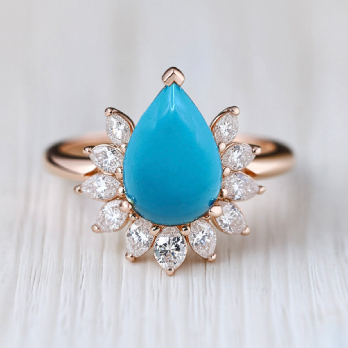 Natural Blue Turquoise Engagement ring, 14k Gold Pear Turquoise Engagement ring, Floral Wedding Ring