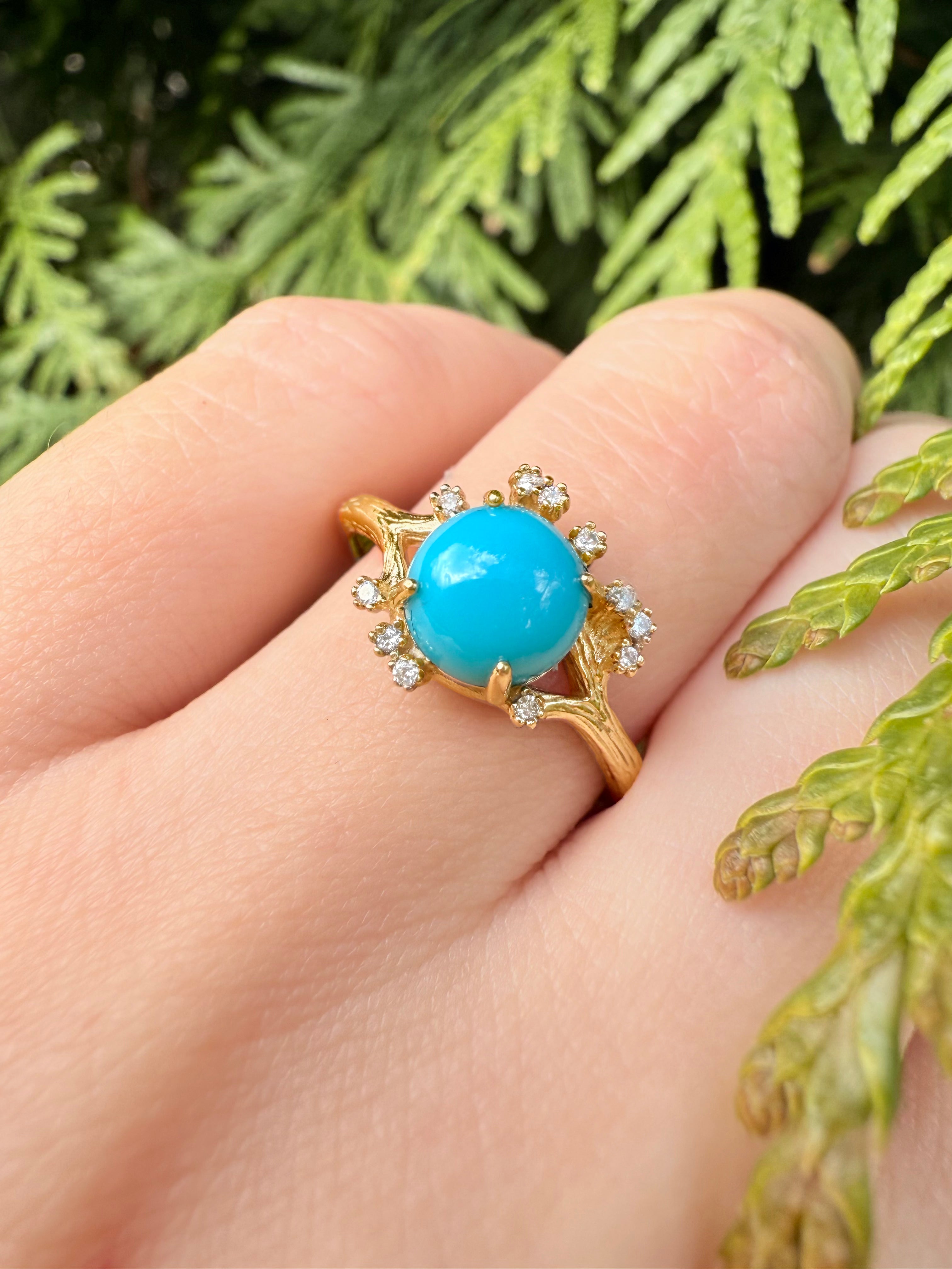 The Oculus 14k Gold Turquoise Engagement ring, Natural Turquoise Engagement ring, Floral Wedding Ring, Statement ring