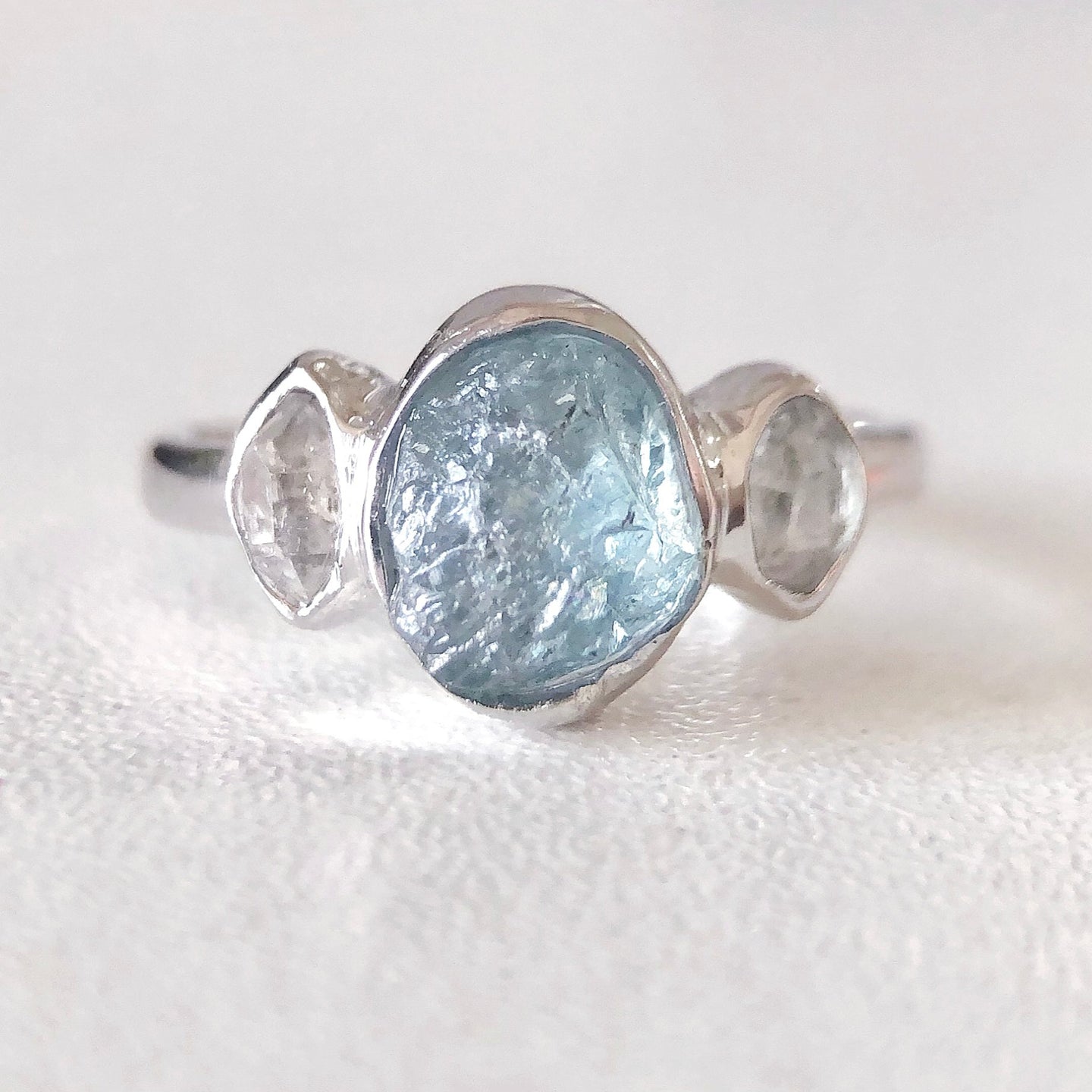 Raw Aquamarine Engagement Ring, Raw Herkimer Diamond Engagement Ring