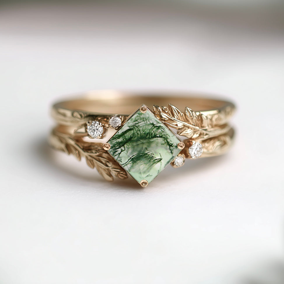 14k Gold Square Moss agate ring wedding ring, Moss agate Ring