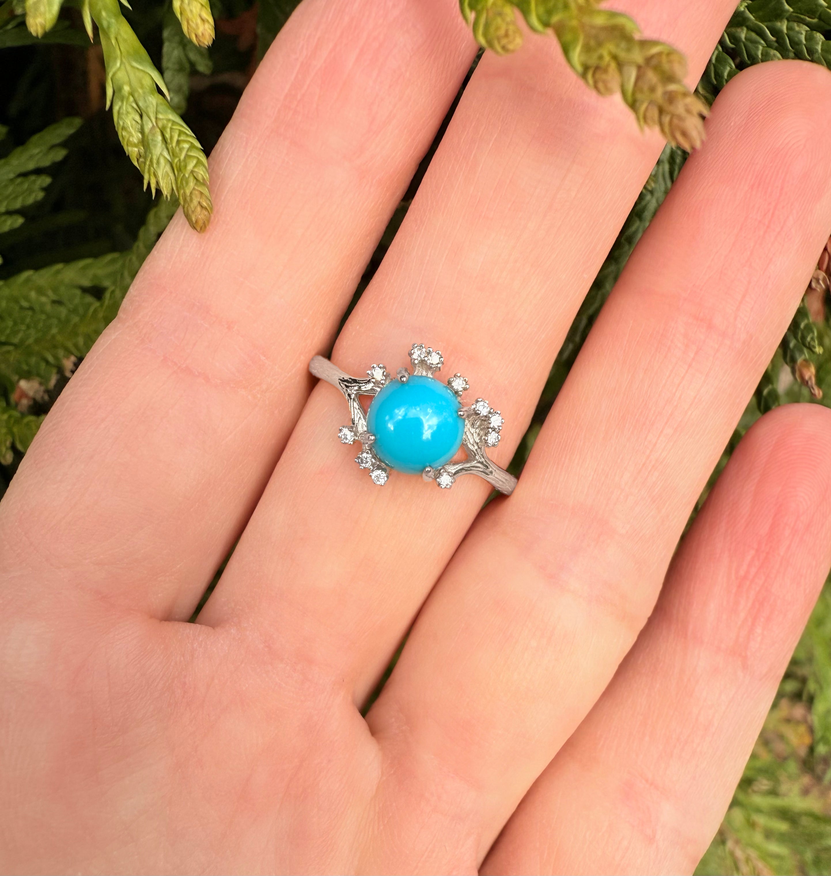The Oculus 14k Gold Turquoise Engagement ring, Natural Turquoise Engagement ring, Floral Wedding Ring, Statement ring