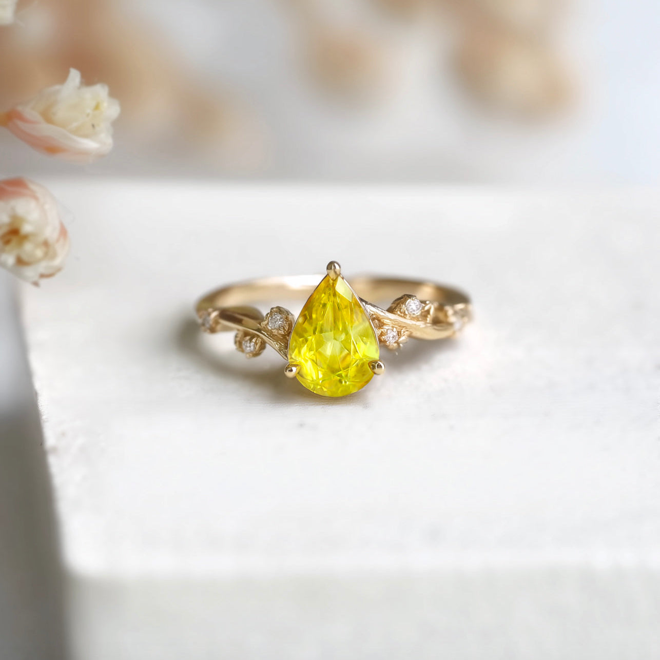 Pear Cut Yellow Sapphire Engagement ring, Solid gold Sapphire ring
