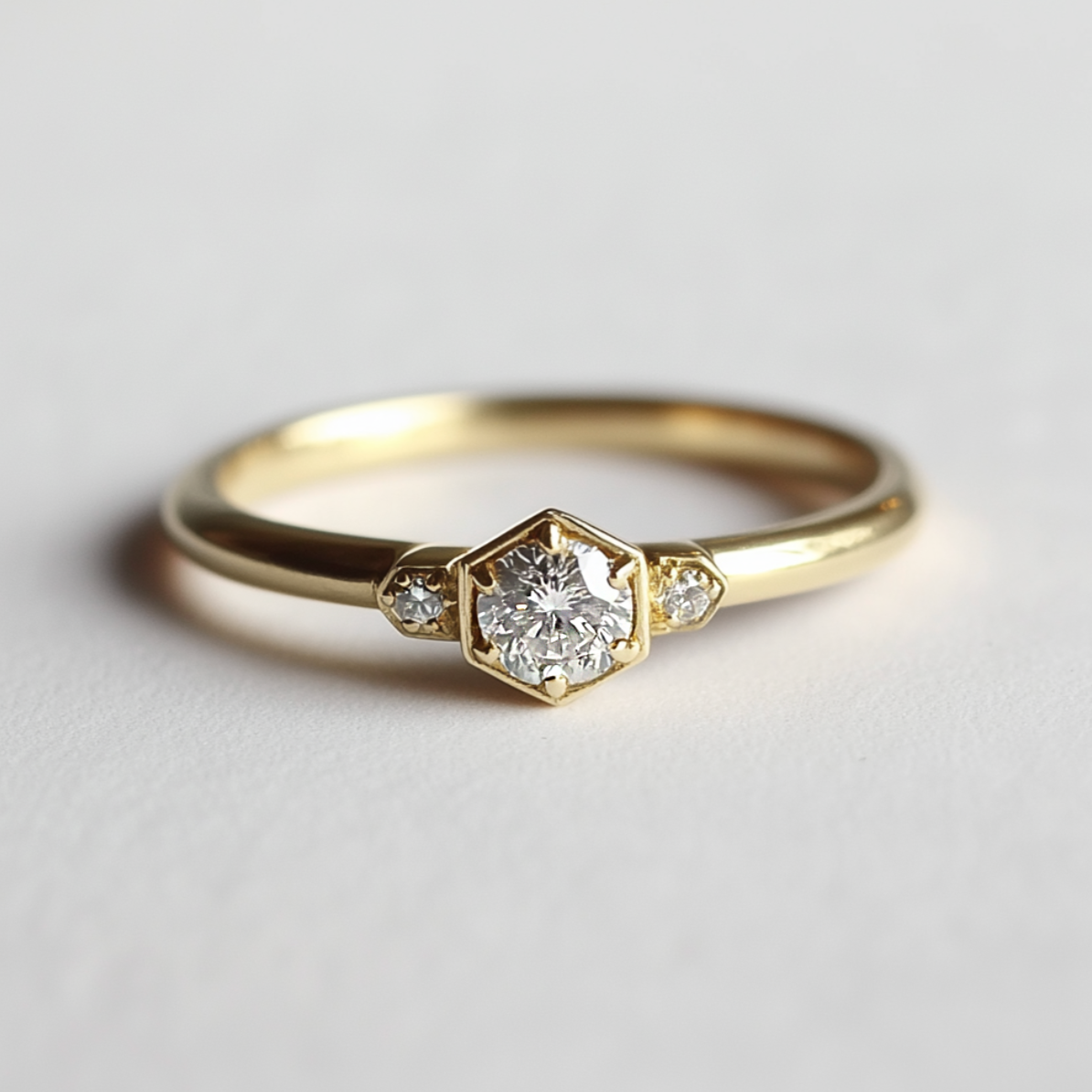 Gold ring with a diamond on a light gray background