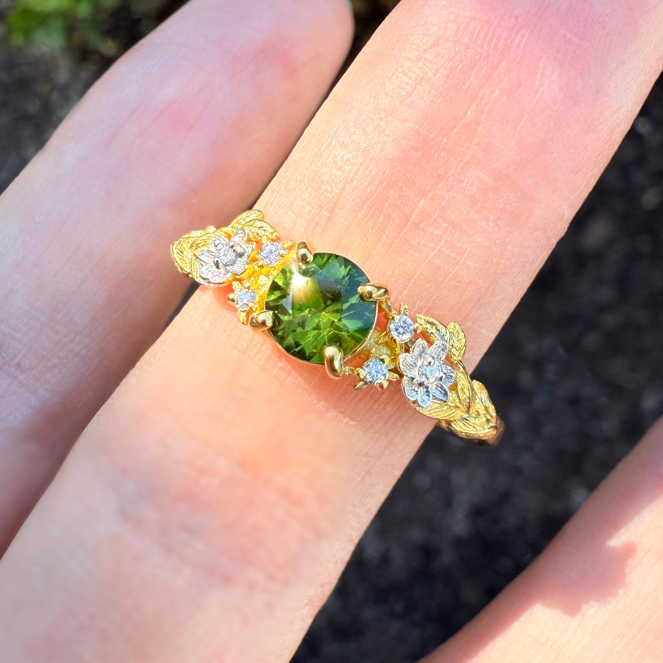 Yellow Gold Green Sapphire ring, Rare Green Blue Sapphire Engagement ring