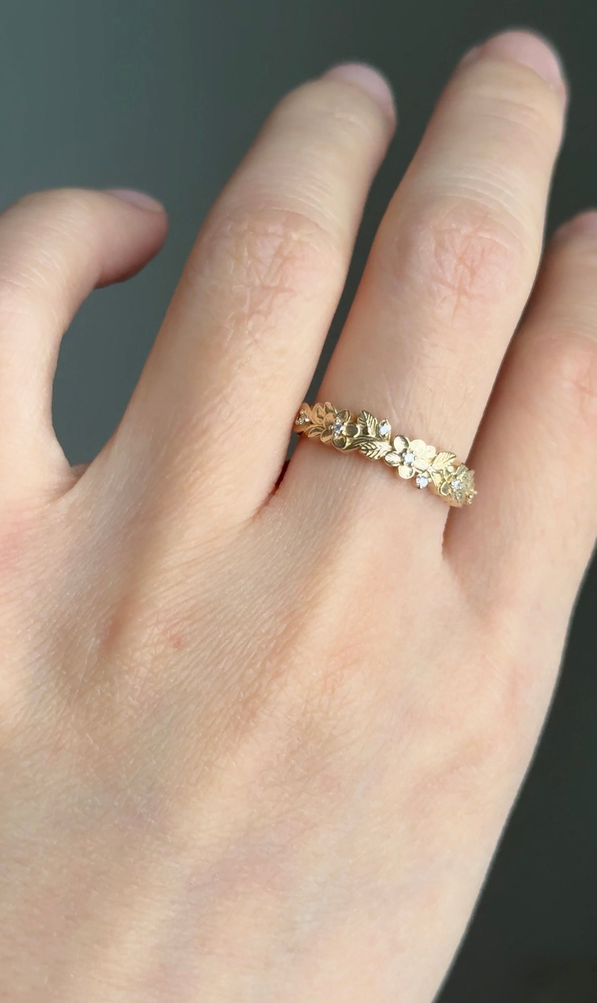 Yellow Gold Diamond Wedding Band, Floral Leafy Diamond Wedding Ring