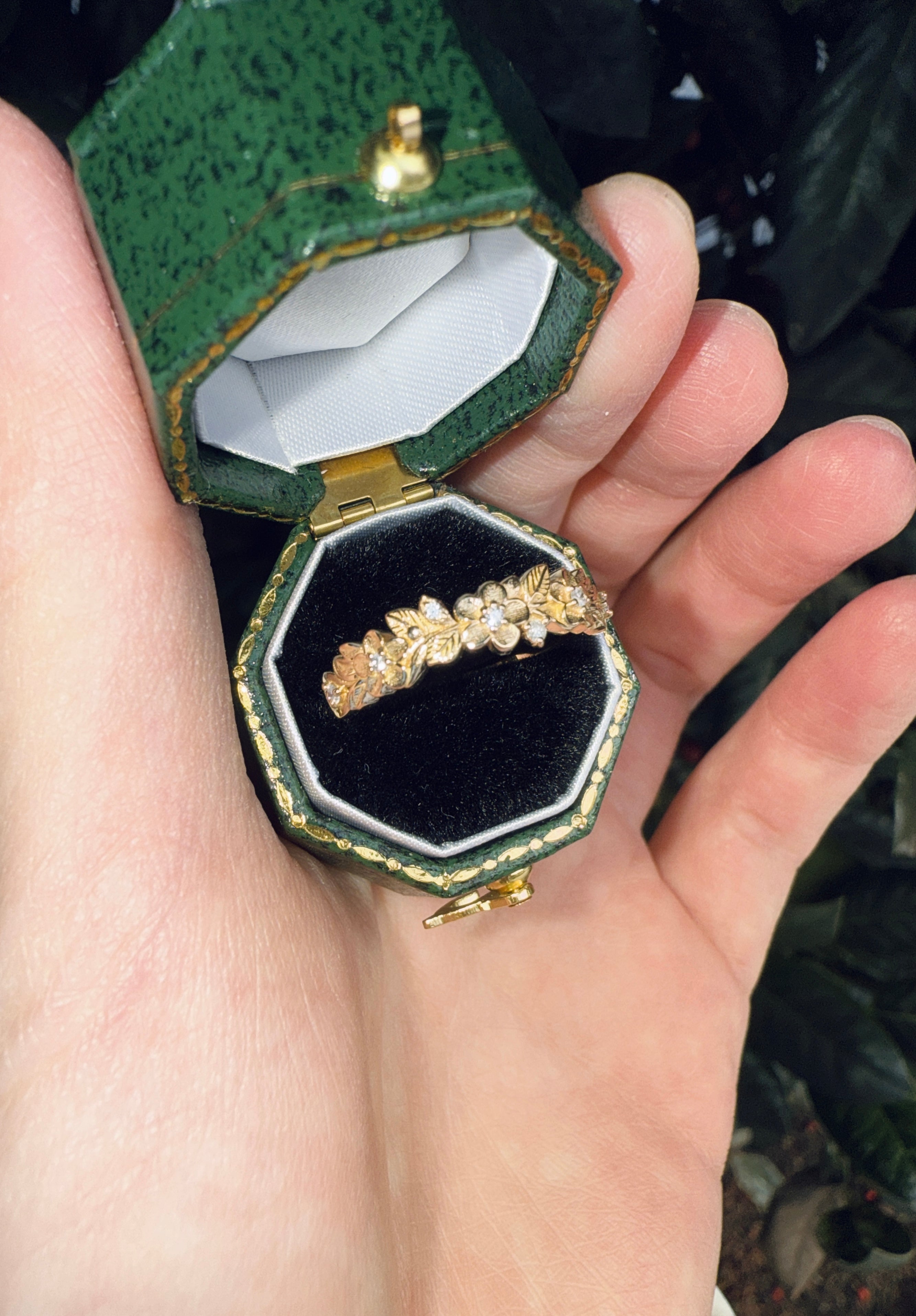 Yellow Gold Diamond Wedding Band, Floral Leafy Diamond Wedding Ring