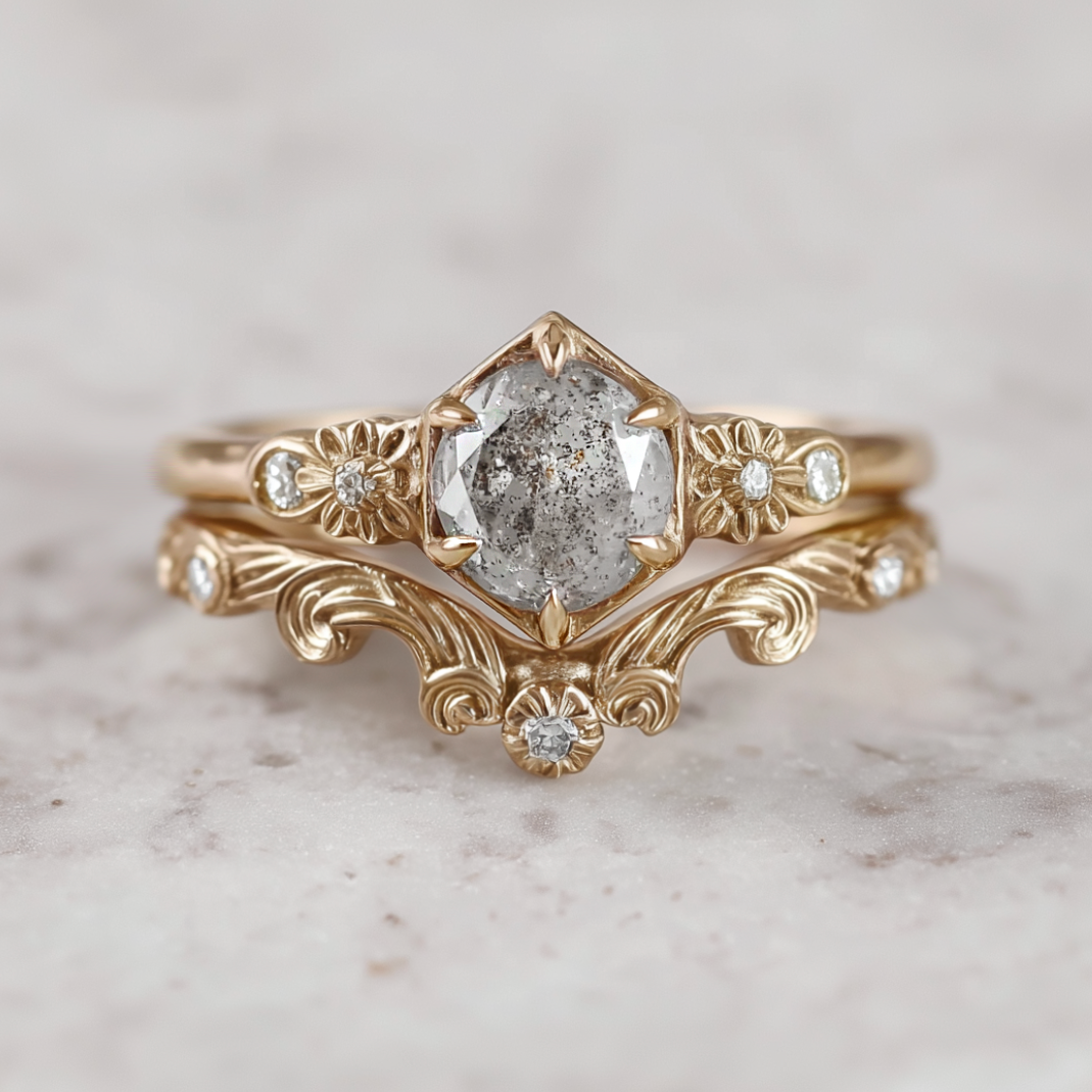 Gold ring with a 1 carat diamond and smaller diamonds on a marble surface