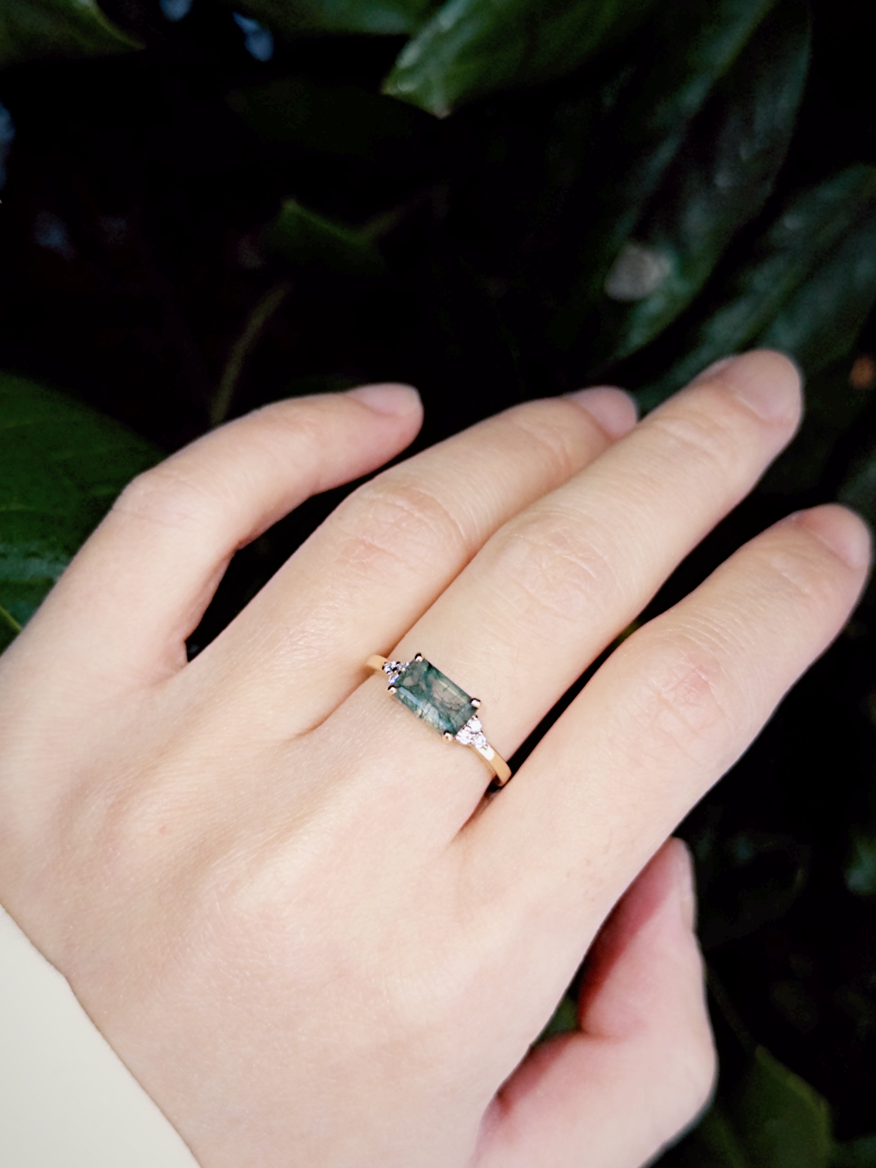 14k Gold Rectangle Moss agate ring with diamond, Engagement ring, Moss agate Ring