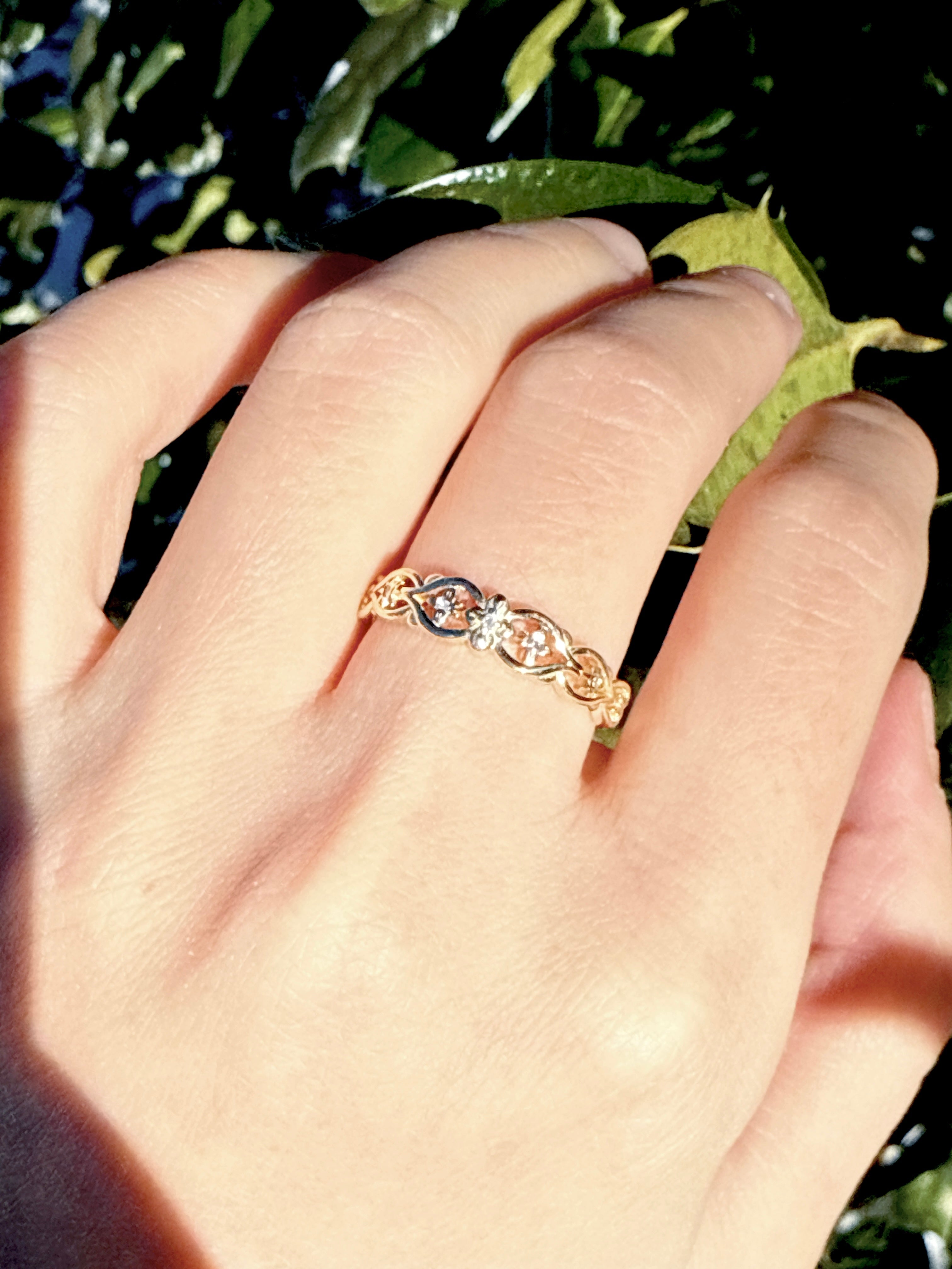 The Primrose Band, Diamond Dainty Gold Wedding Ring, Leafy Wedding band