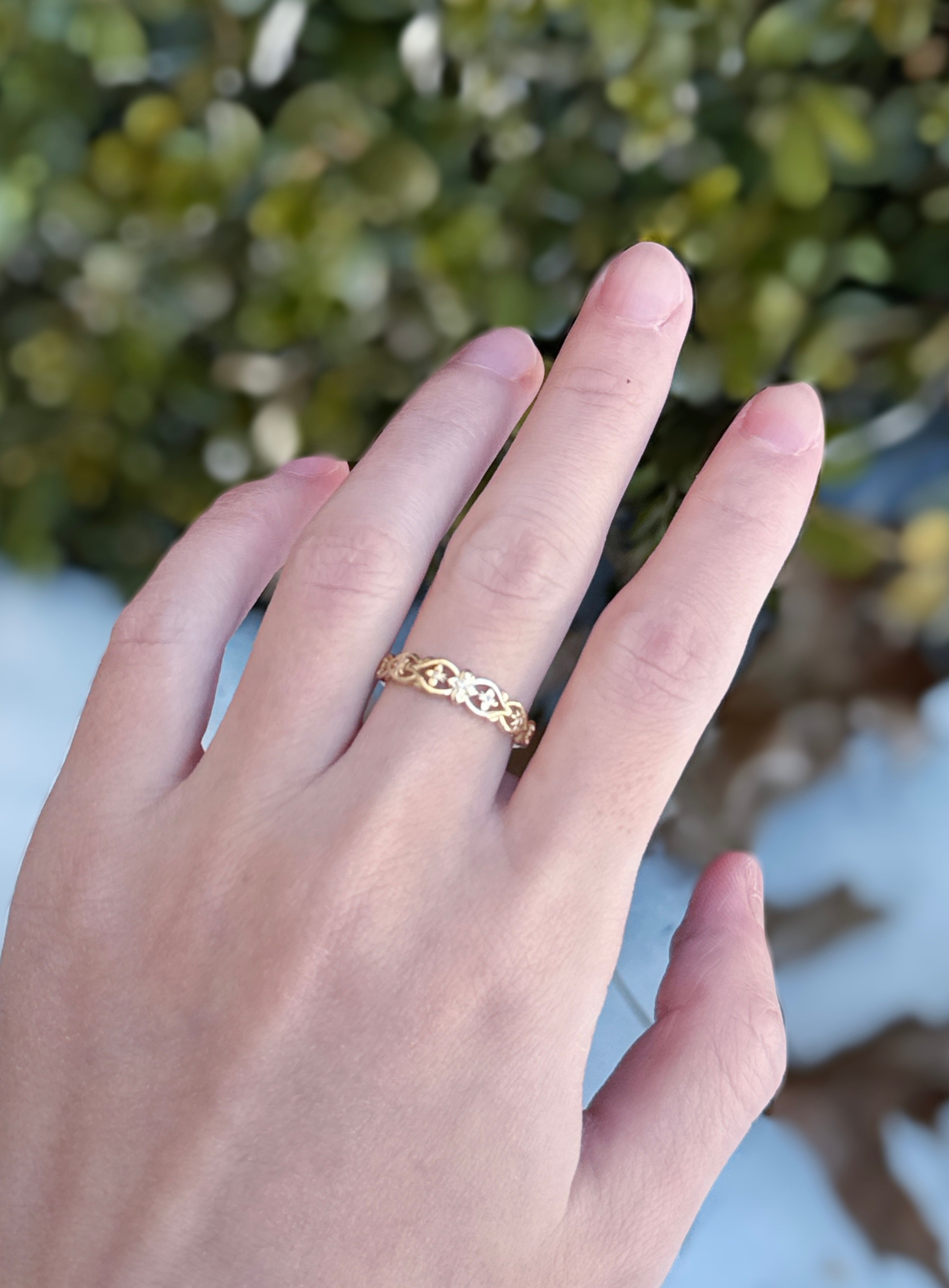 The Primrose Band, Diamond Dainty Gold Wedding Ring, Leafy Wedding band