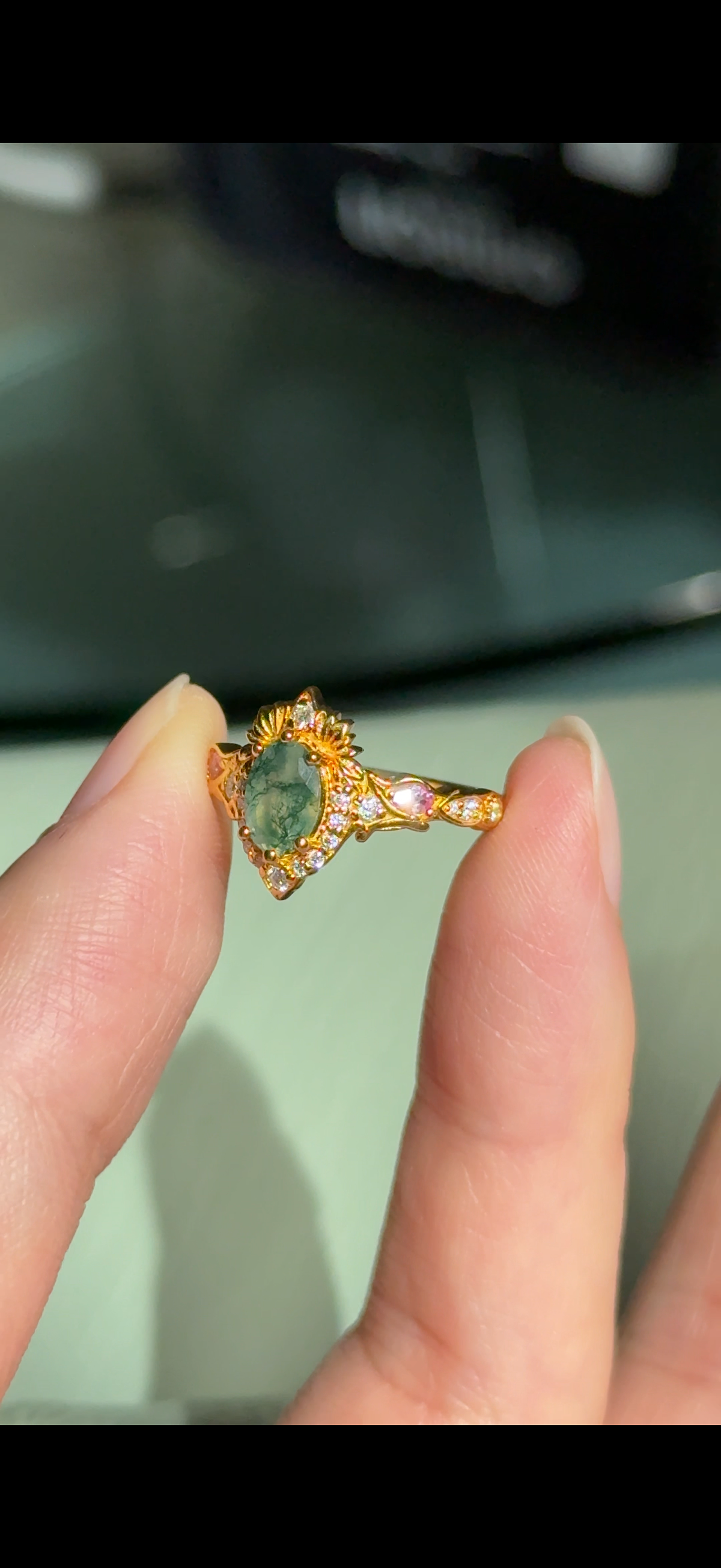 Garden Moss agate ring with Pink sapphire, Oval moss agate Engagement ring
